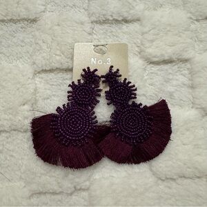 Bohemian Purple Beaded Drop Earrings, Three Tiered, Statement Fringe
